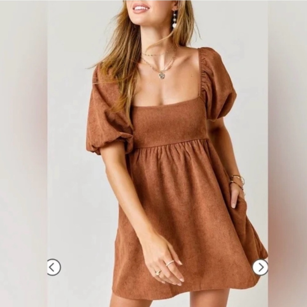 Francesca's Collections Corduroy Brown Puff Sleeve Sundress